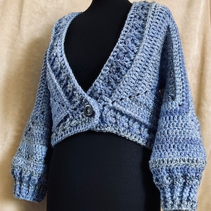 May include: A blue crocheted cropped cardigan with a button closure and long sleeves. The cardigan has a V-neck and a textured stitch pattern.