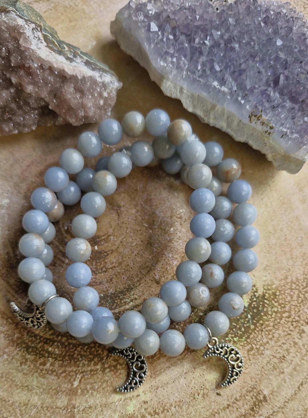 Angelite and Red Jasper Crystal Bracelets With a Silver Moon Charm. - Etsy