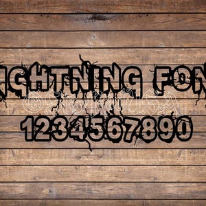 May include: Black Lightning Font design with numbers 1 through 0. The font has a dripping effect and is set against a wooden background. The word "LIGHTNING FONT" is displayed above the numbers.