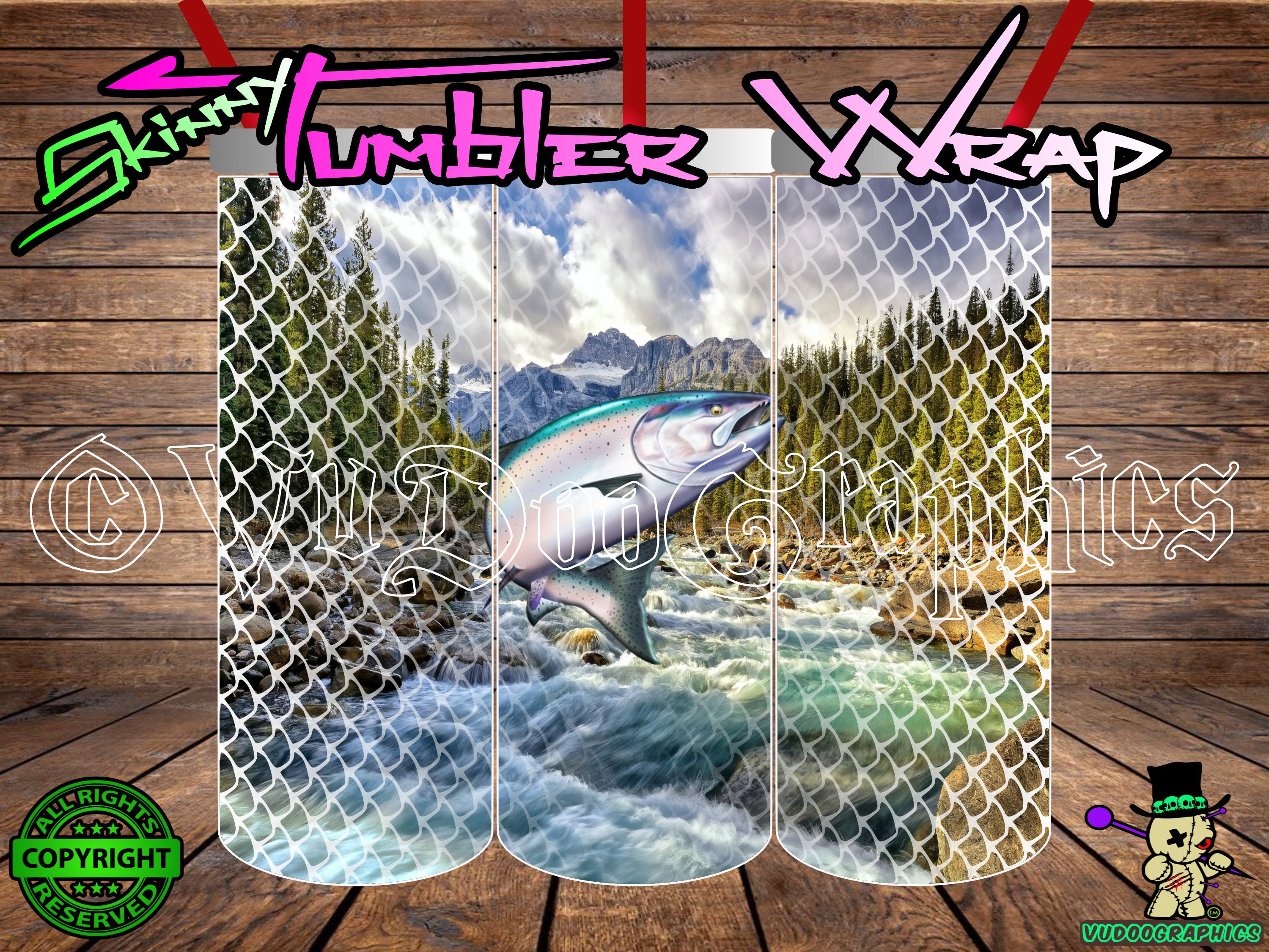 Steelhead River, 20oz Skinny Tumbler Wrap, Digital Print File. 