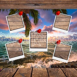 May include: A tropical-themed artwork featuring a beach scene with a sunset, palm trees, and ocean waves. Five polaroid-style frames with wooden textures are pinned with red heart-shaped pins. The word "Paradise" is written in white.