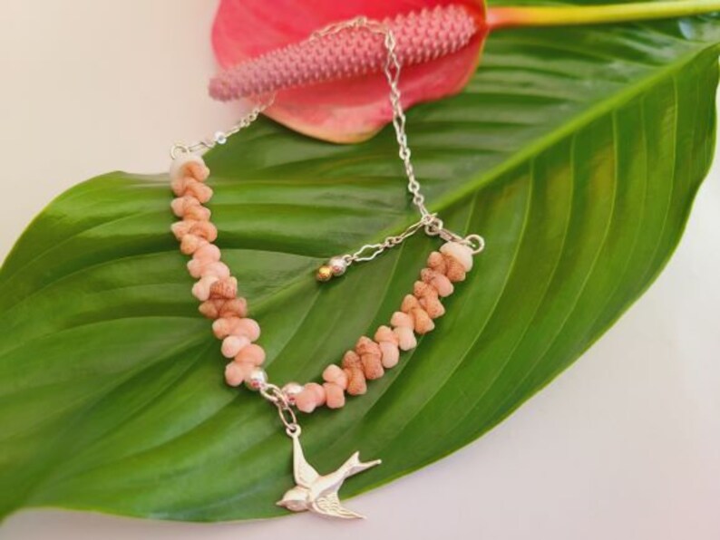 #AB5 Make with Kauai Kahelelani Shells Sterling Silver Round Beads Hawaiian Shell Ankle Bracelet 8 Inches Bird Charm and Fancy Kindle