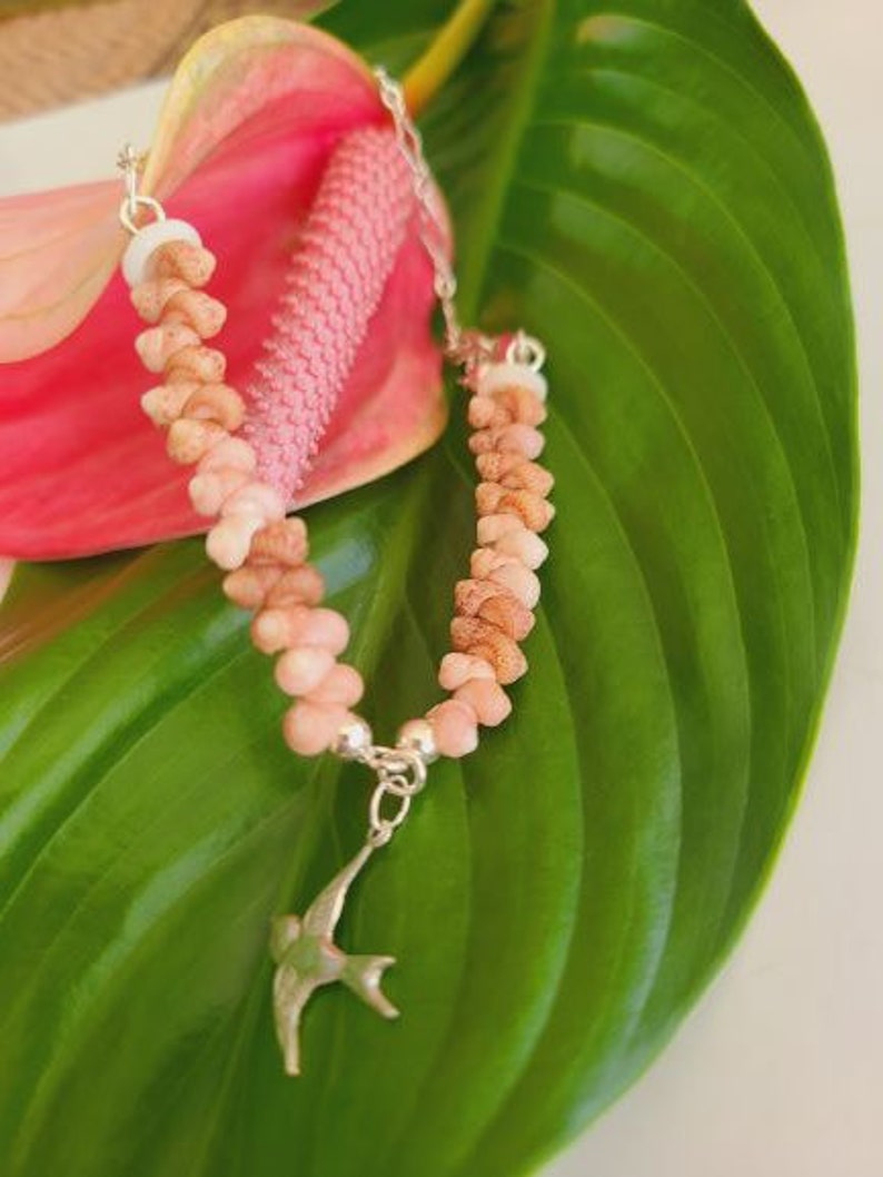 #AB5 Make with Kauai Kahelelani Shells Sterling Silver Round Beads Hawaiian Shell Ankle Bracelet 8 Inches Bird Charm and Fancy Kindle