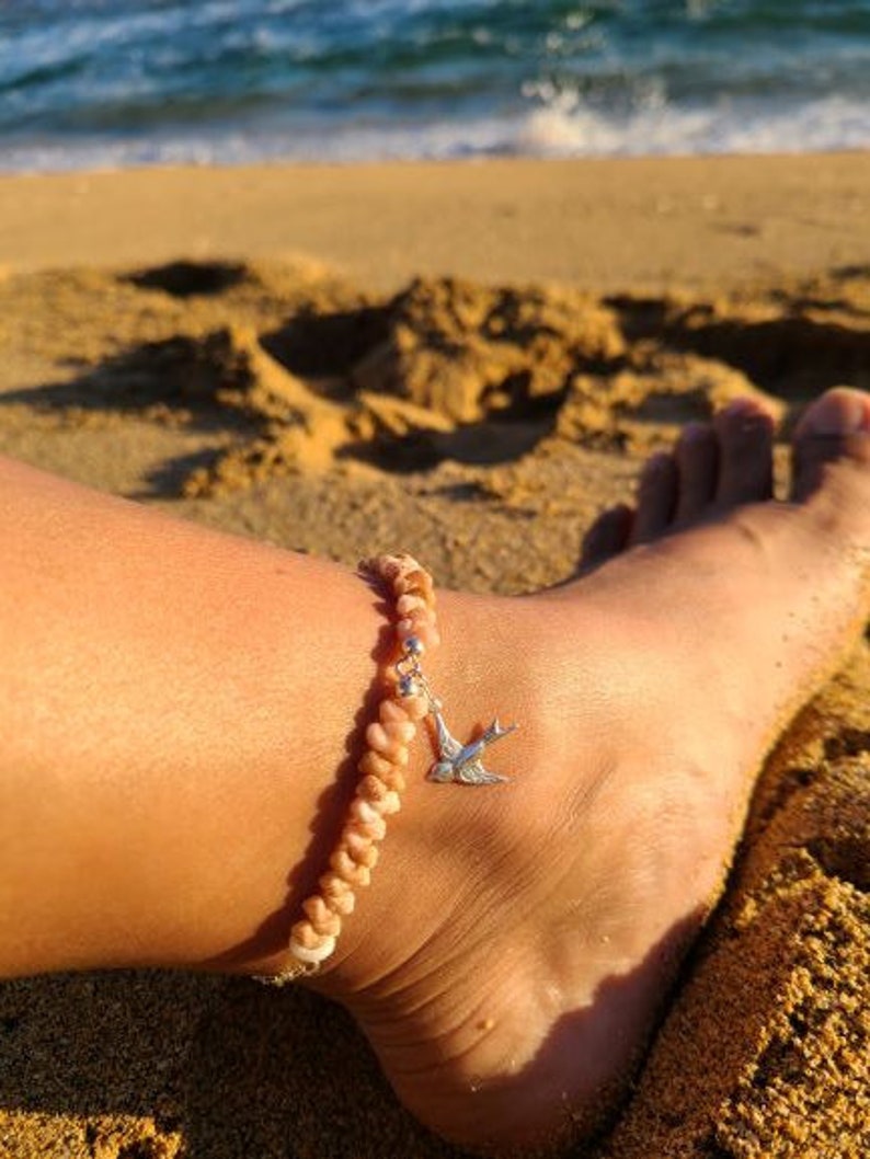 #AB5 Make with Kauai Kahelelani Shells Sterling Silver Round Beads Hawaiian Shell Ankle Bracelet 8 Inches Bird Charm and Fancy Kindle