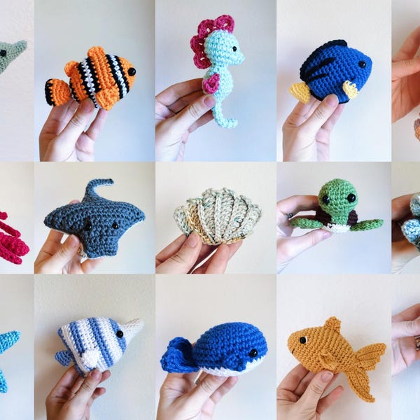 Criaturas marinas y peces de peluche de ganchillo