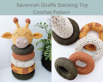 Patrón PDF: Juguete de anillo apilable de ganchillo con forma de jirafa de la sabana