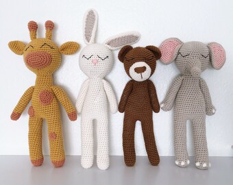 Crochet Animal Dolls Bunny, Bear, Elephant, and Giraffe Cotton Stuffed Animals
