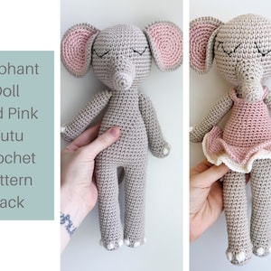 May include: Crochet pattern for an elephant doll wearing a pink tutu. The pattern includes instructions for making both the doll and the tutu.