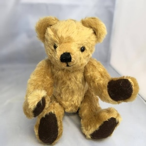 May include: A small, tan teddy bear with black eyes and a black nose. The bear is sitting with its paws in front of it.