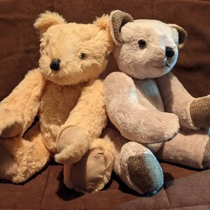 May include: Two plush teddy bears sitting side-by-side. The bear on the left is light brown with a black nose and black eyes. The bear on the right is light grey with a black nose and black eyes.
