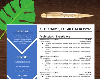 Peut inclure: Un modèle de CV bleu et blanc avec le texte "ABOUT ME", "CONTACT", "YOUR NAME, DEGREE ACRONYM" et "Professional Experience". Le modèle comprend des sections pour les informations personnelles, les coordonnées et l'expérience professionnelle.