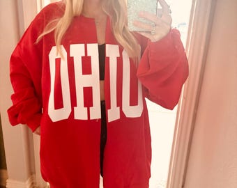 Red Ohio Sweatshirt Cardigan, Oversized Game Day Tee, State Pride