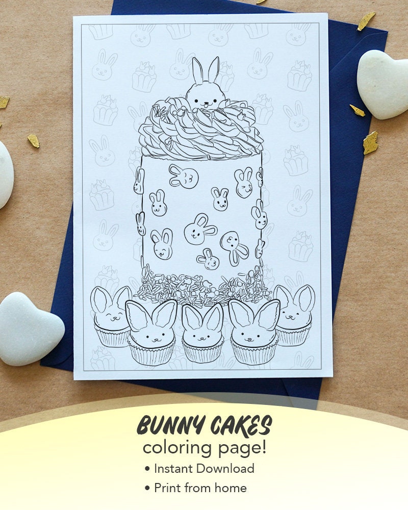 Printable Bunny Cakes Coloring Page for Adults and Children | Etsy