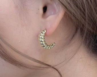 18K Gold Vermeil Croissant Hoop Earrings, Large Dome Statement Trendy Gold Hoops