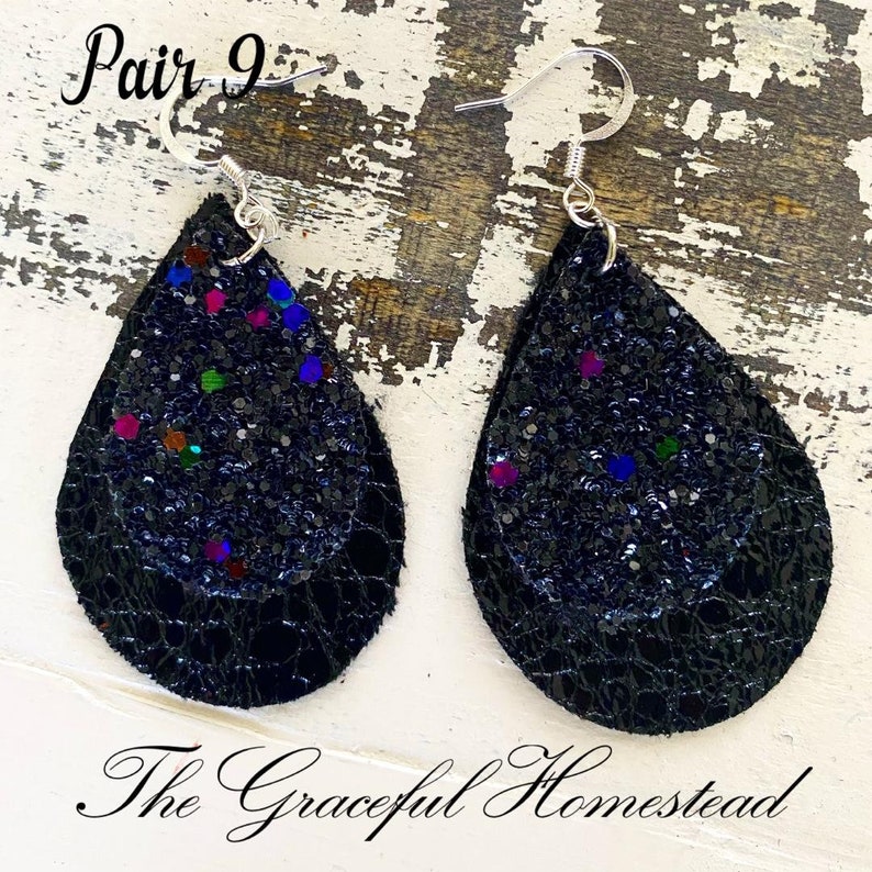 Faux leather sparkle glitter earrings