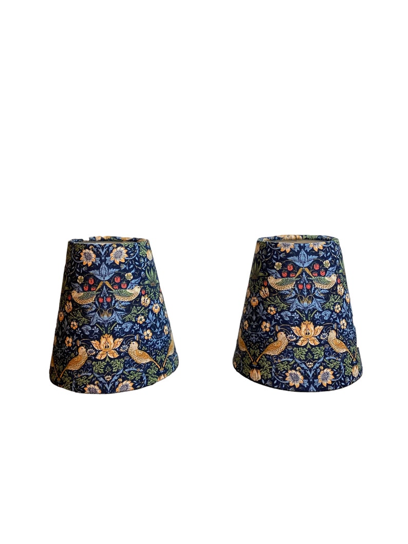 William Morris Mini Strawberry Thief Navy Fabric Sconce Chandelier Candelabra Lampshade sold individually image 1