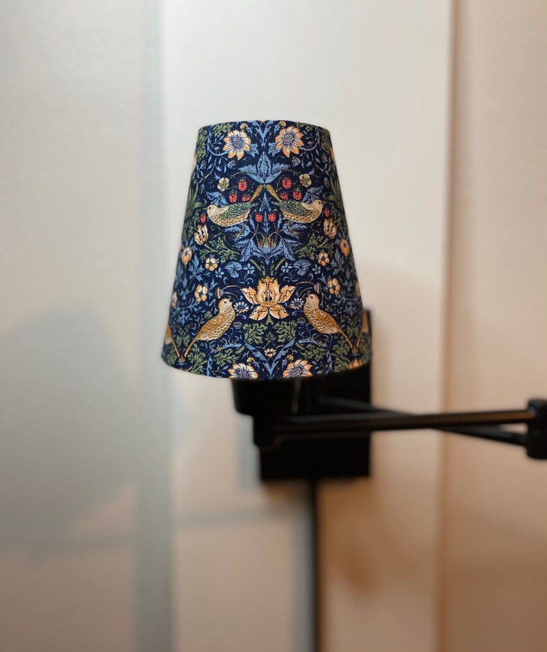 William Morris Mini Strawberry Thief Navy Fabric Sconce Chandelier Candelabra Lampshade sold individually image 4