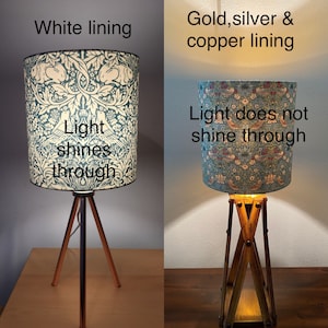 May include: Two table lamps with different colored linings. The lamp on the left has a white lining and the light shines through. The lamp on the right has a gold, silver, and copper lining and the light does not shine through.