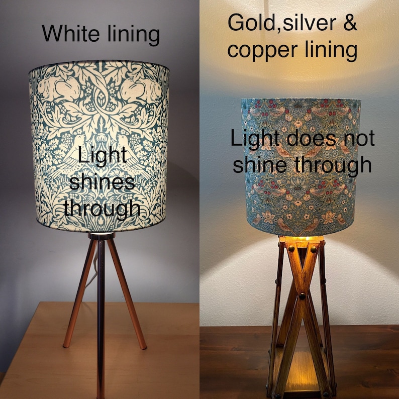 May include: Two table lamps with different colored linings. The lamp on the left has a white lining and the light shines through. The lamp on the right has a gold, silver, and copper lining and the light does not shine through.