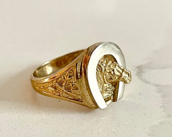 10K Gold Equestrian Ring with Lucky Horseshoe & Polo Sticks, Midcentury Bold Jewelry
