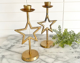 Candelabros de estrella de latón, hechos en India, decoración navideña vintage, estilo bohemio celestial.