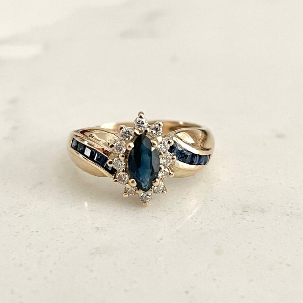 Bague saphir et diamant en or 14 carats, bague de fiançailles vintage unique non traditionnelle avec expertise accréditée