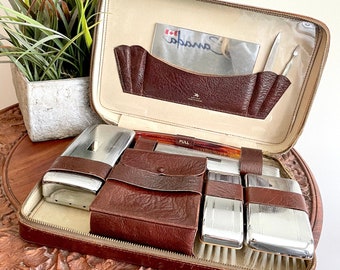 1970s Canadian-Made Leather Grooming Kit by Tilley, Oak Calf Leather Travel Toiletry Set, Gifts for Him