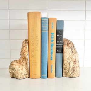Peut inclure: Une paire de serre-livres en pierre brun clair avec une texture rugueuse. Les serre-livres soutiennent quatre livres avec des couvertures jaunes et bleues. Les titres des livres sont "A History of Western Music", "A Textbook on Foreign Exchange", "Fifth Business", et "A World of Profit".