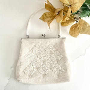 Cartera de noche de cuentas de mediados de siglo, hecha a mano en Taiwán, accesorios de novia vintage de marfil