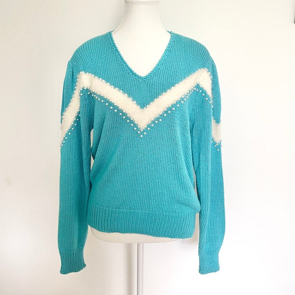 Vintage Angora Rabbit Hair Sweater with Pearls and Shoulder Pads for Holiday Party, 1980s Sweater World V-Neck