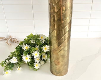 Tall & Narrow Spiral Brass Vase, Vintage Solid Brass Column Vase, Made in India, Hollywood Regency