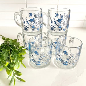 Vintage Clear Glass Mugs with Blue Floral Patterns, Made in Canada, Set of 6 Matching Mugs