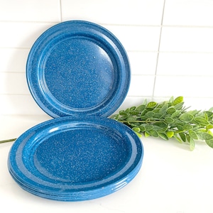 Vintage Enamel Graniteware Plates, Blue Kitchenware, Campfire Cottage Core Decor, Set of 4 Stacking Plates