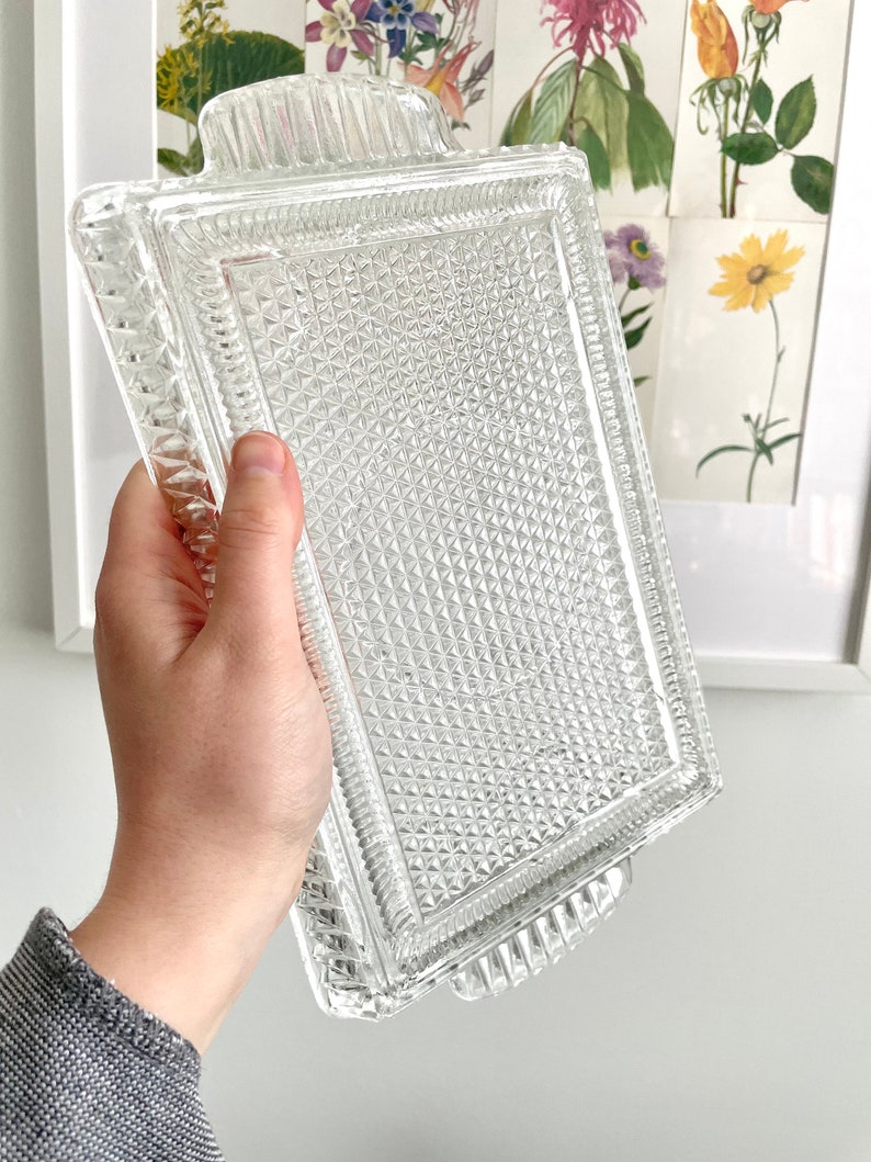 Puede incluir: Una bandeja rectangular de vidrio transparente con un patr&oacute;n de diamantes y asas decorativas. La bandeja se sostiene en una mano, mostrando su intrincado dise&ntilde;o. El fondo presenta estampados bot&aacute;nicos enmarcados.