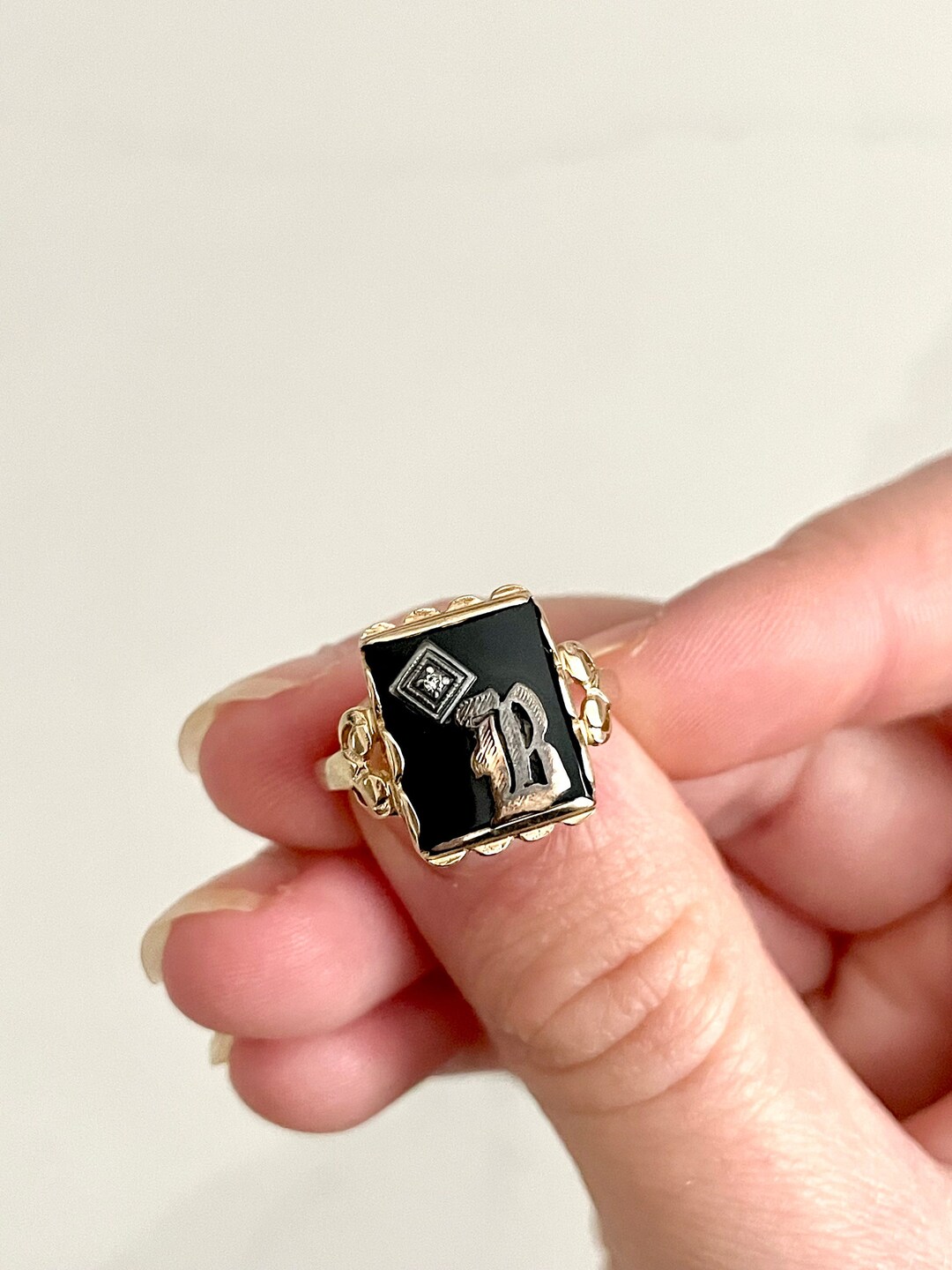 10K Gold & Black Onyx Ring With Diamond, Silver Letter b Initial