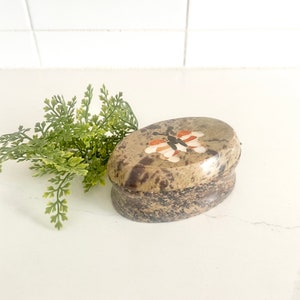 Stone Trinket Box with Mother of Pearl Inlay, Butterfly Design, Vintage Vanity Dish, Granite Jewelry Box with Removable Lid