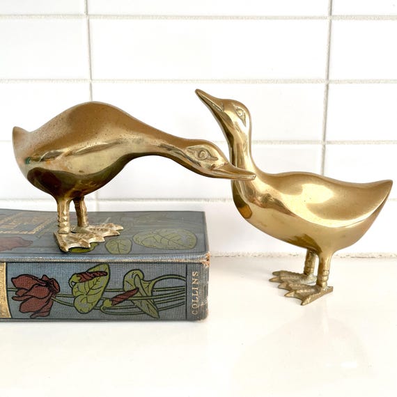 Pair of Solid Brass Ducks, Vintage 1980s Brass Decor