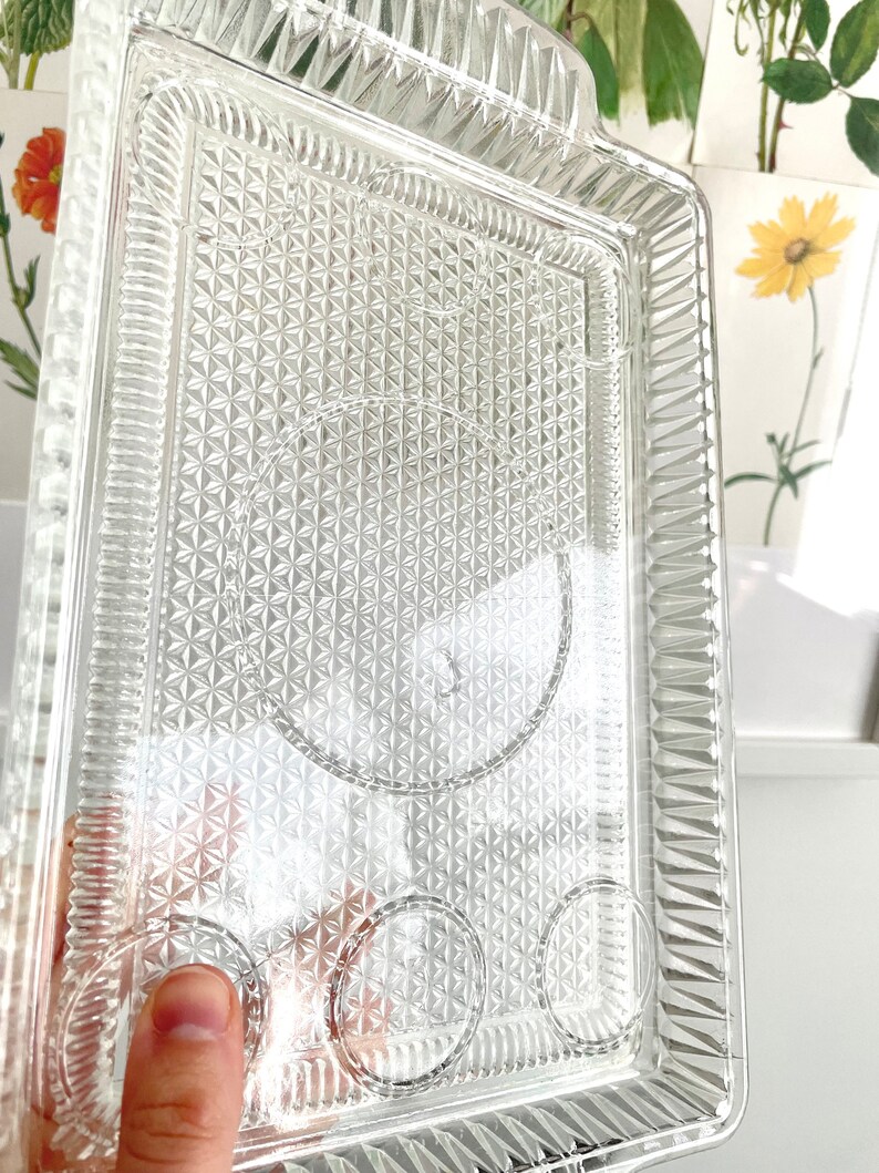 Puede incluir: Bandeja de servir rectangular de vidrio transparente con un patr&oacute;n de diamantes y tres hendiduras circulares. La bandeja tiene una superficie texturizada y un borde decorativo. La bandeja es sostenida por una persona.