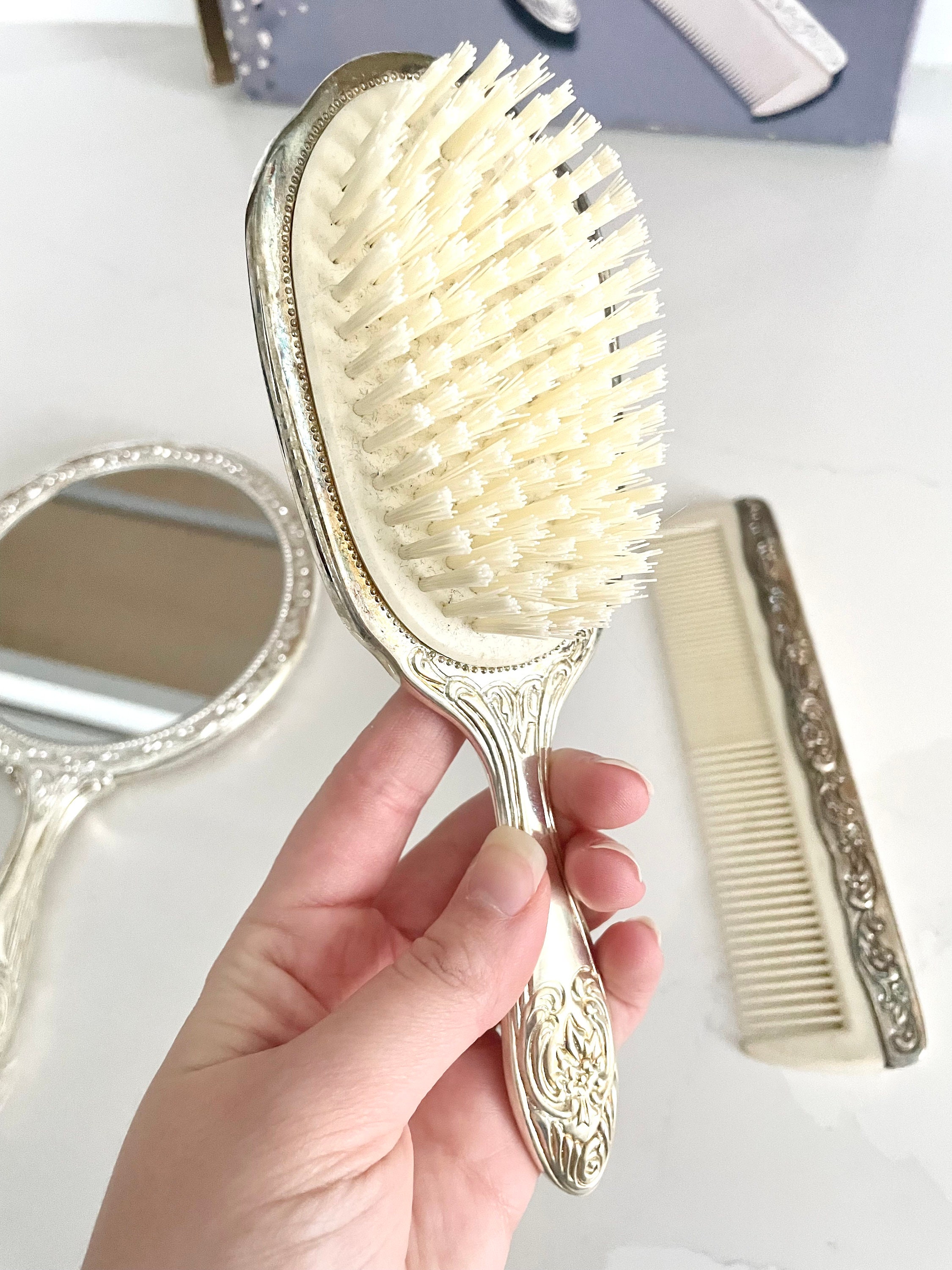 Beautiful VTG, Vanity Brush Comb Set Silver And Plated Color EUC Amazon.com : 3 pc Silver Chrome Girls Vanity Set Comb Brush  main image 3