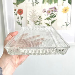 Puede incluir: Una bandeja rectangular de vidrio transparente con un patr&oacute;n de diamantes texturizado en la base y un borde decorativo. La bandeja se sostiene frente a una impresi&oacute;n bot&aacute;nica enmarcada.