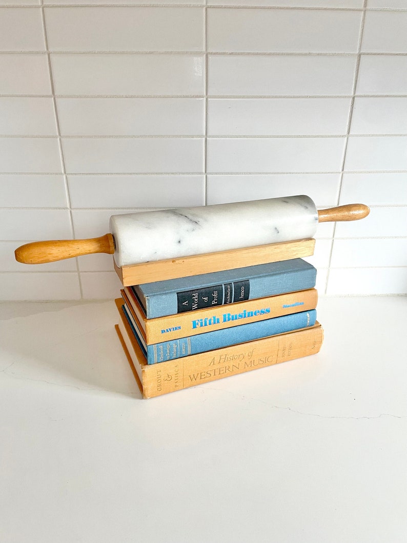 Vintage Marble Rolling Pin with Wooden Handles and Stand