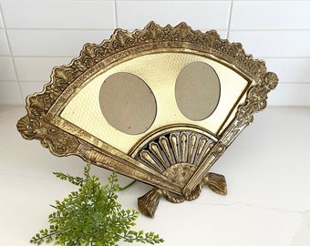 Antique Brass Fan Picture Frame with Felt-Lined Stand, Art Nouveau Vanity Photo Frame