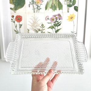 Puede incluir: Una bandeja rectangular de vidrio transparente con un patr&oacute;n de diamantes y asas. La bandeja se sostiene frente a una colecci&oacute;n enmarcada de grabados bot&aacute;nicos con flores coloridas.