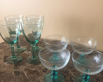 Juego de 4 copas de vidrio vintage, carrito de bar vintage