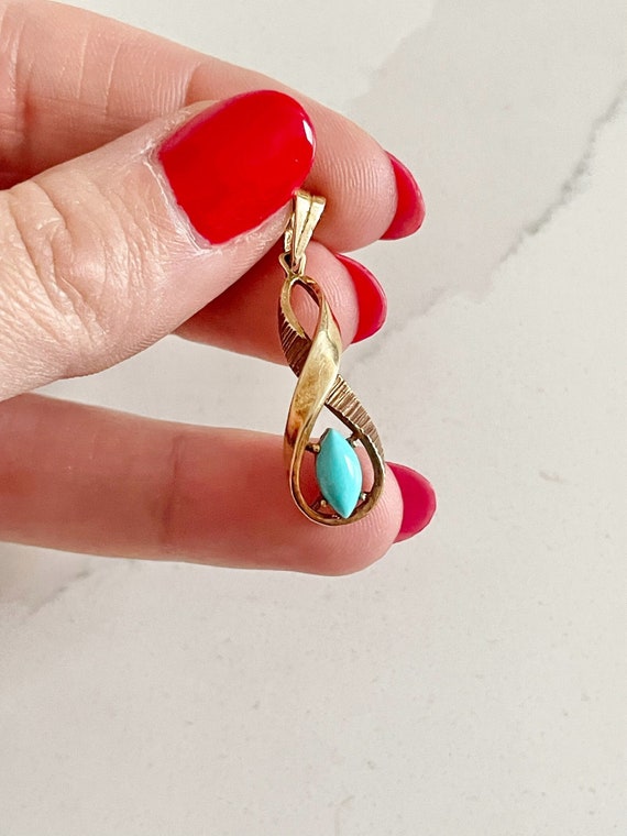 Vintage 14K Gold Pendant Charm with Genuine Turquoise Gemstone, Infinity Symbol Estate Jewelry