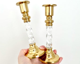 Brass & Lucite Taper Candlestick Holders