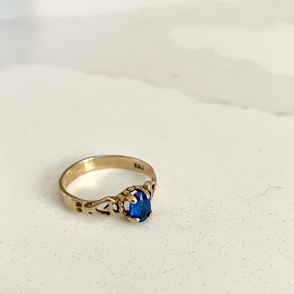 Vintage 10K Gold Ring with Sapphire Stone, September Birthstone, Art Deco Jewelry, Heart-Shaped Rings