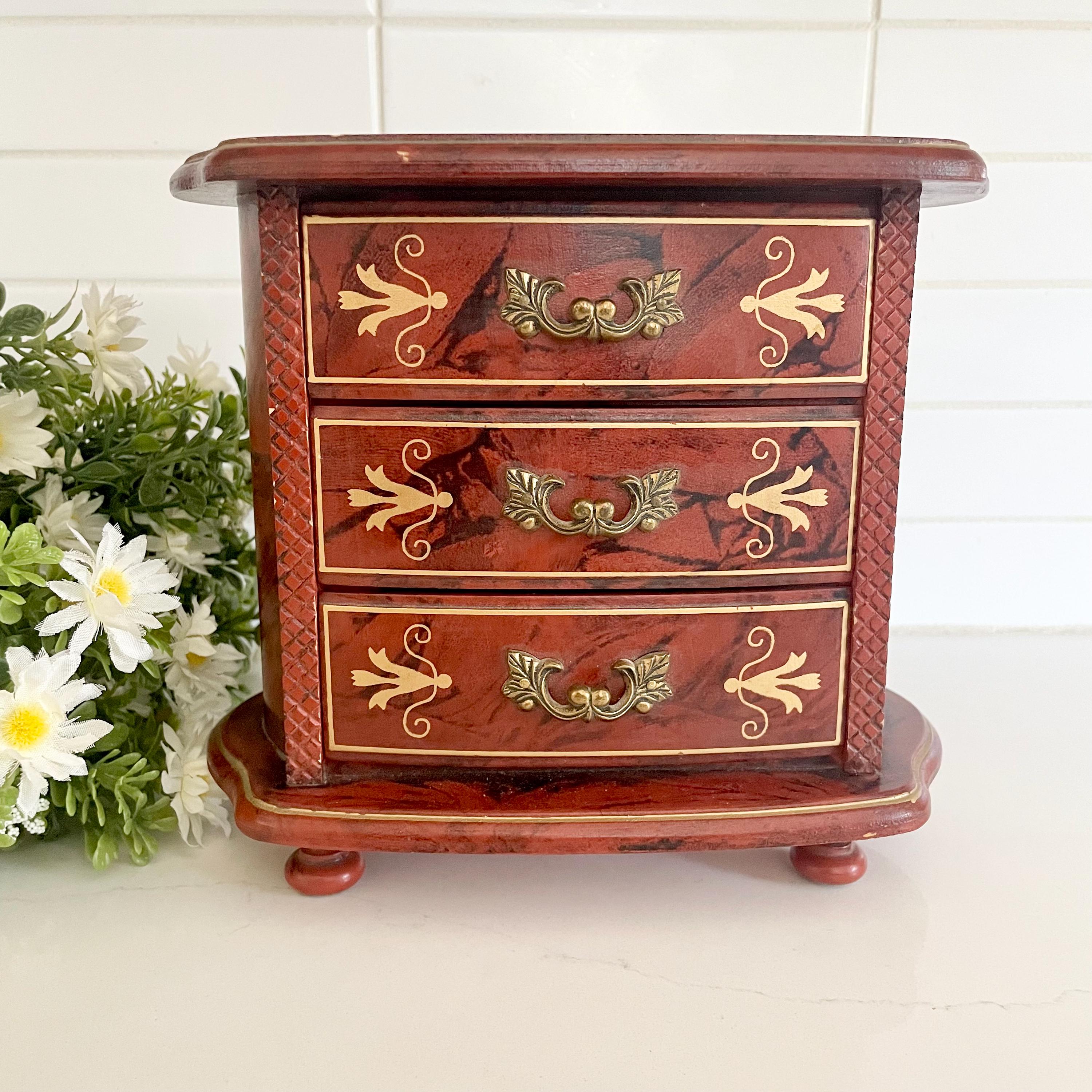 Vintage Burlwood-Style Jewelry Box with Red Velvety Lining, Ornate…