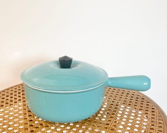 1950s Paris Blue Le Creuset Sauce Pot #18 with Lid, Made in France, Vintage Enameled Cast Iron Cookware