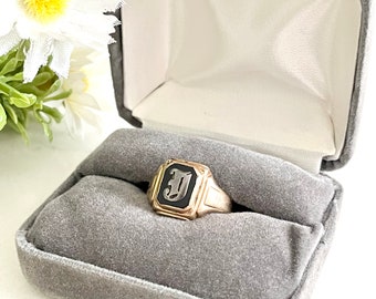10K Gold & Black Onyx Signet Ring, Letter "J" Initial, Bold Vintage Signet Ring